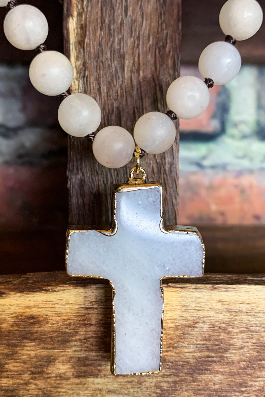 Blush Tones Cross Necklace Natural Stone