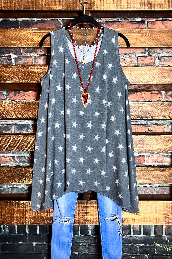 INFINITE DREAMS STARS PRINT SLEEVELESS TUNIC IN GRAY
