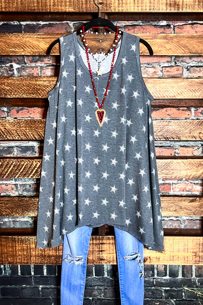 INFINITE DREAMS STARS PRINT SLEEVELESS TUNIC IN GRAY