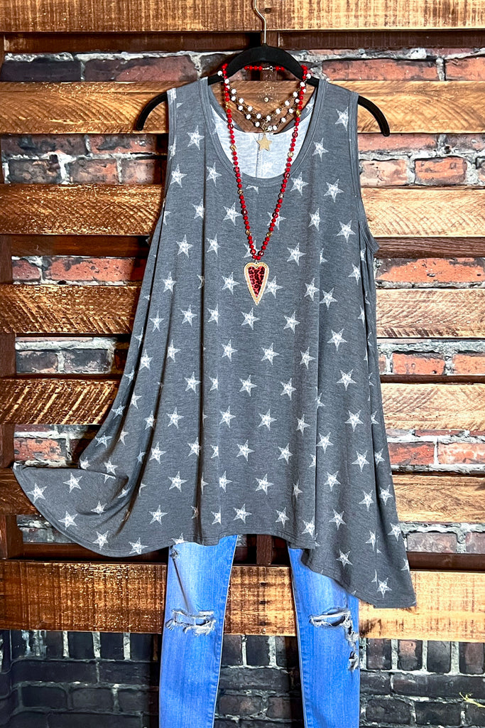INFINITE DREAMS STARS PRINT SLEEVELESS TUNIC IN GRAY