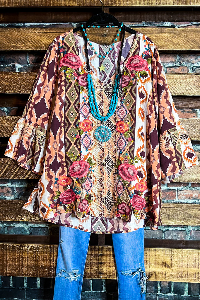 DESERT WILD ROSES EMBROIDERED TOP IN MULTI-COLOR