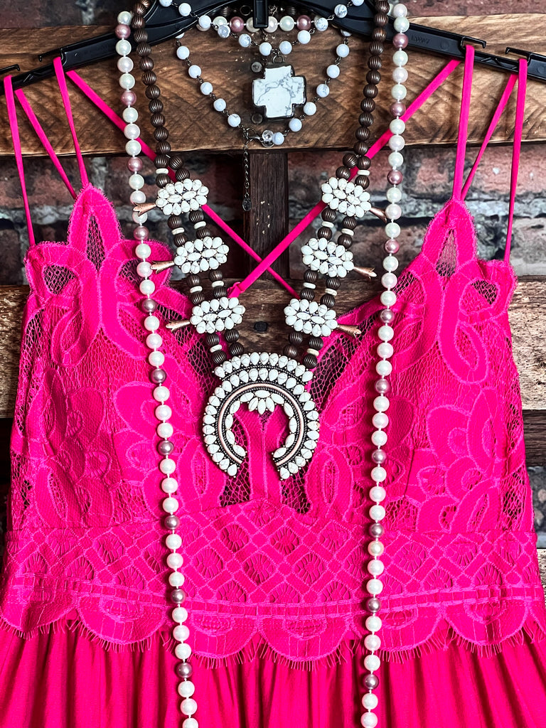 SWEET PASSION LACE BRALETTE TIERED CAMI TOP IN FUCHSIA