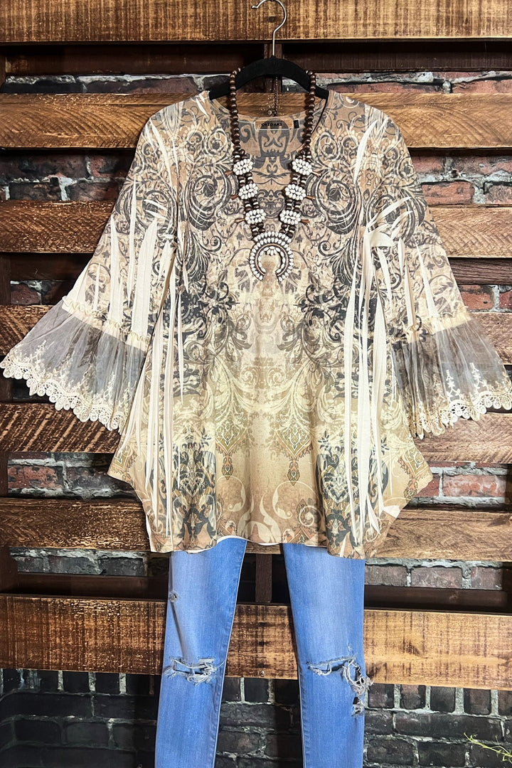 Lost In Your Beauty Lace Top in Taupe & Multi-color-----Sale