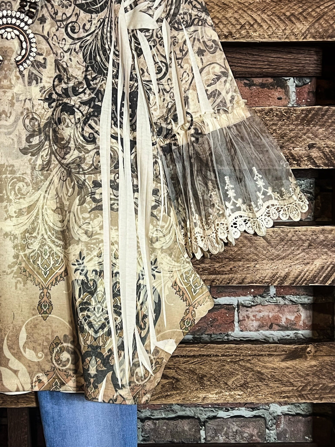 Lost In Your Beauty Lace Top in Taupe & Multi-color-----Sale