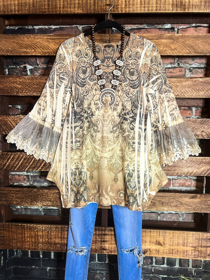 Lost In Your Beauty Lace Top in Taupe & Multi-color-----Sale