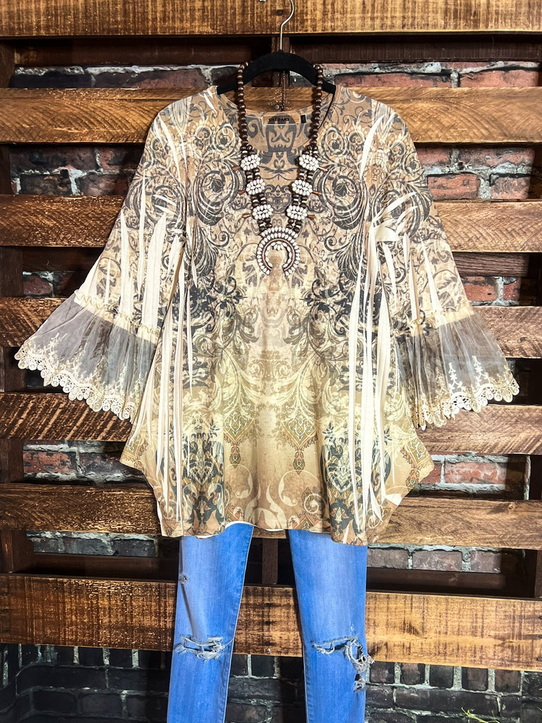 Lost In Your Beauty Lace Top in Taupe & Multi-color