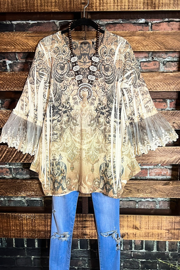 Lost In Your Beauty Lace Top in Taupe & Multi-color-----Sale