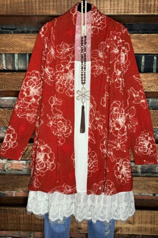 Floral Print Cardigan in Red Rust----------sale
