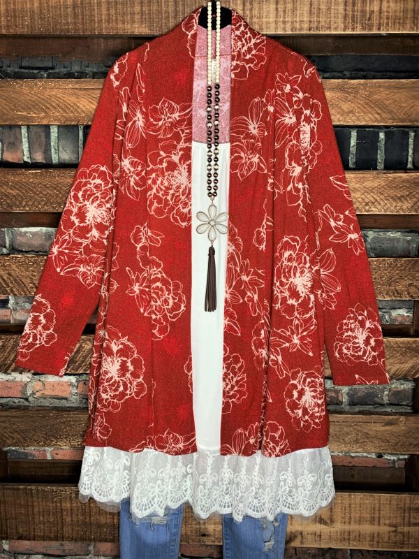 Floral Print Cardigan in Red Rust----------sale