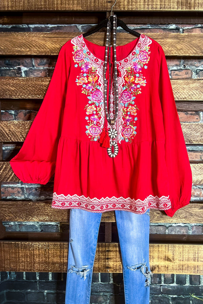 CHARMED DARLING CORAL EMBROIDERED TOP
