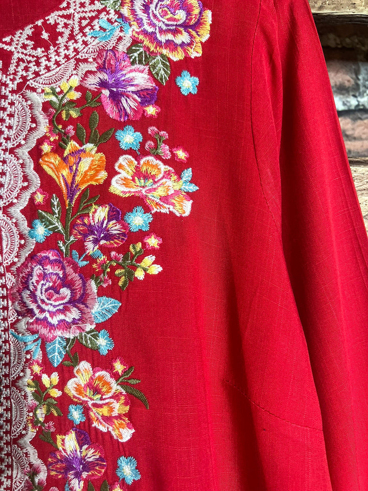 6-12 SIZE - DARLING FLORAL EMBROIDERED TOP IN CORAL------------SALE