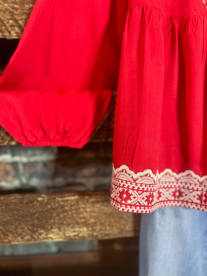 6-12 SIZE - DARLING FLORAL EMBROIDERED TOP IN CORAL------------SALE