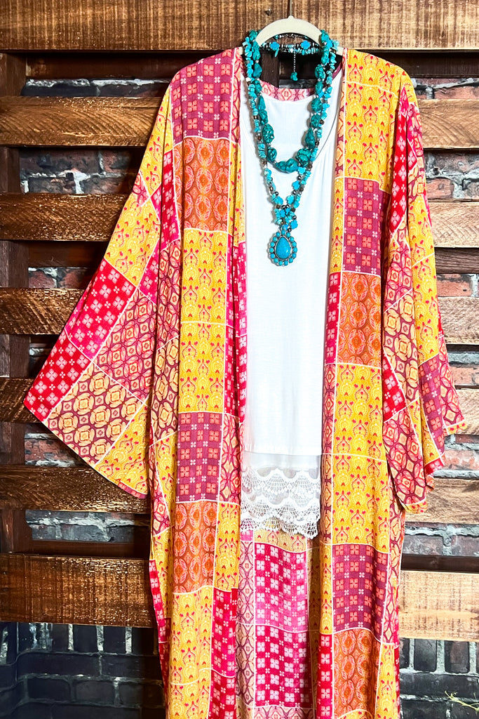 PARADISE COAST ESCAPE BOHO MAXI KIMONO IN MULTI-COLOR