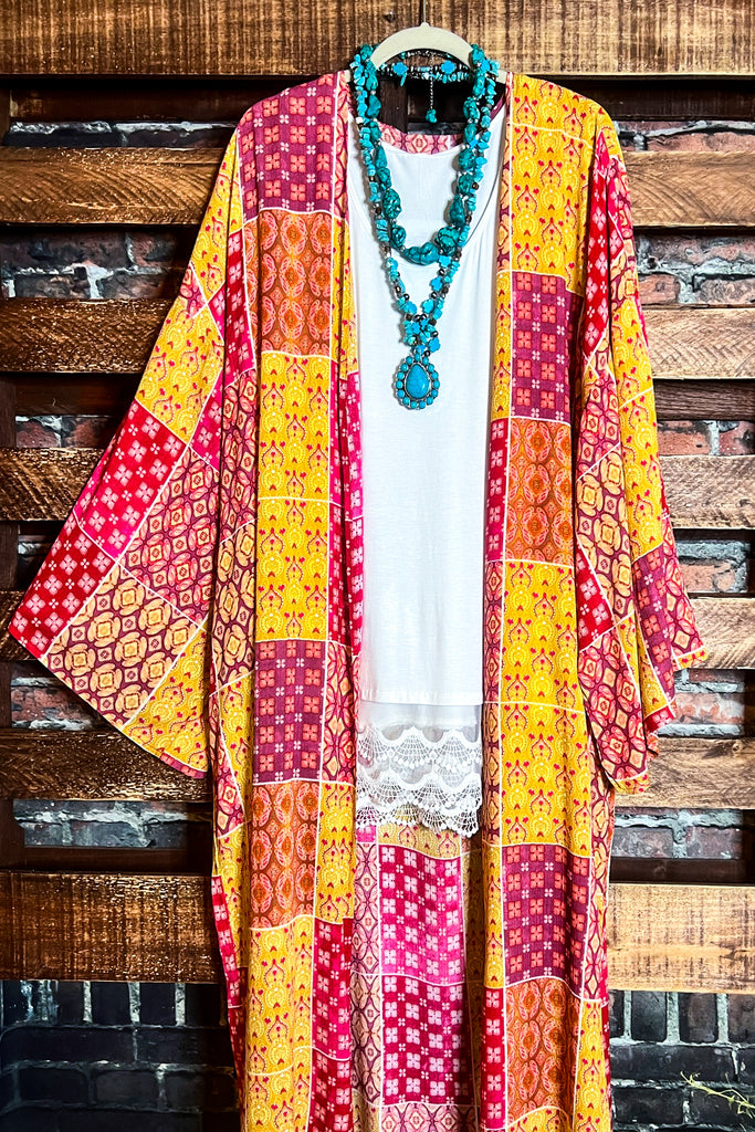 PARADISE COAST ESCAPE BOHO MAXI KIMONO IN MULTI-COLOR