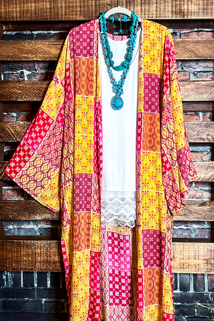 PARADISE COAST ESCAPE BOHO MAXI KIMONO IN MULTI-COLOR