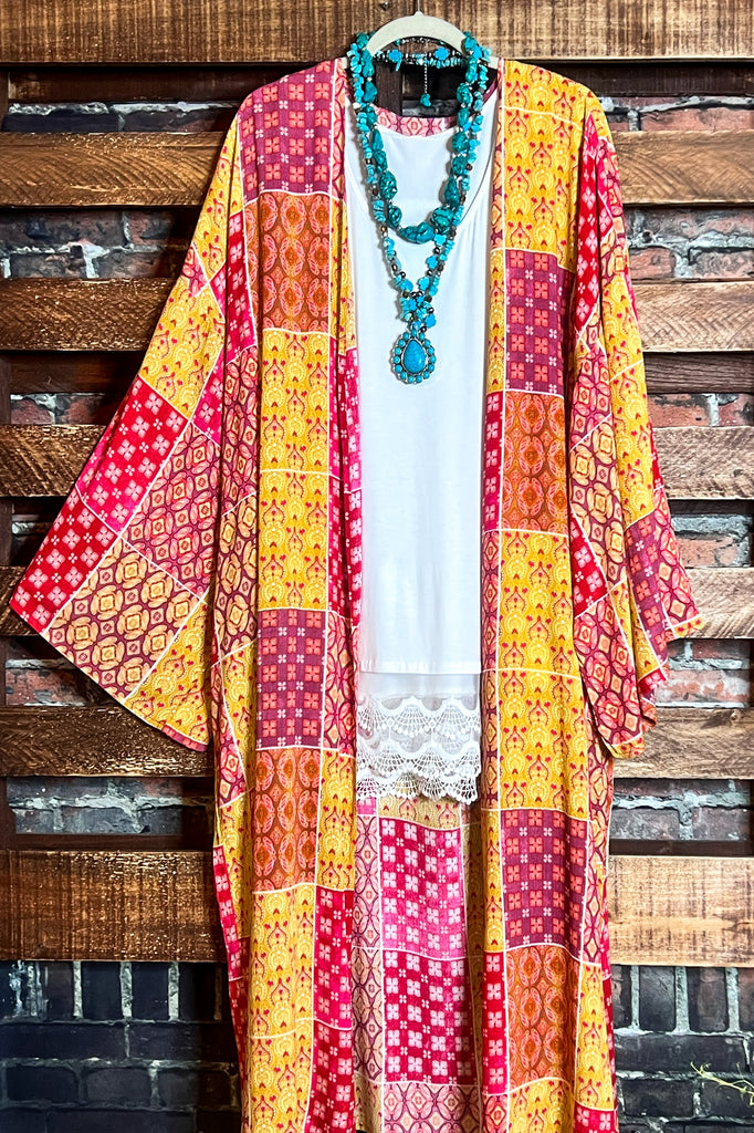 PARADISE COAST ESCAPE BOHO MAXI KIMONO IN MULTI-COLOR