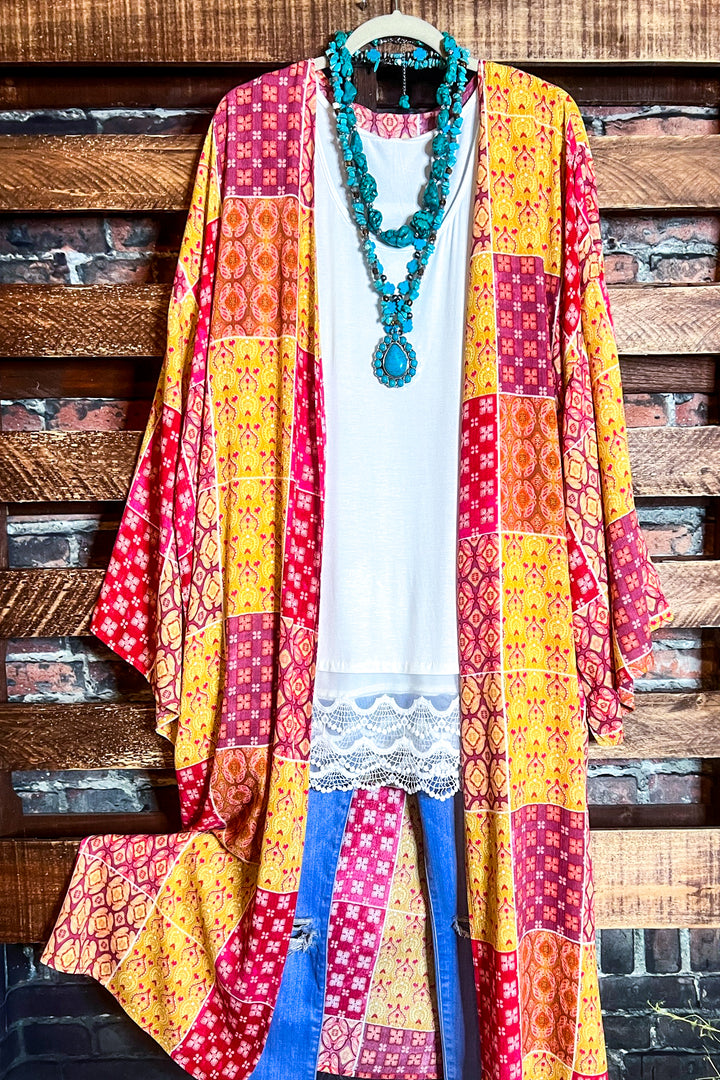 PARADISE COAST ESCAPE BOHO MAXI KIMONO IN MULTI-COLOR