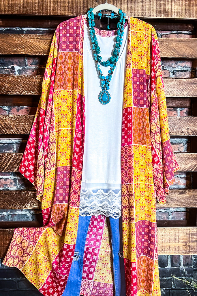 PARADISE COAST ESCAPE BOHO MAXI KIMONO IN MULTI-COLOR