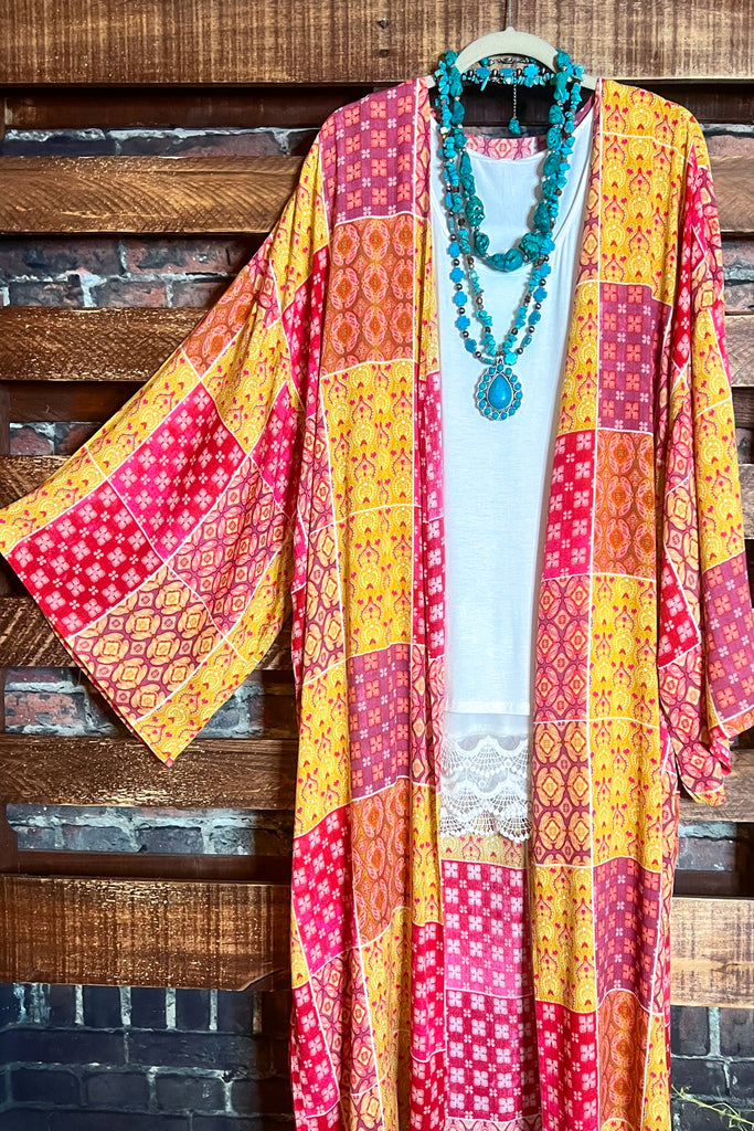 PARADISE COAST ESCAPE BOHO MAXI KIMONO IN MULTI-COLOR