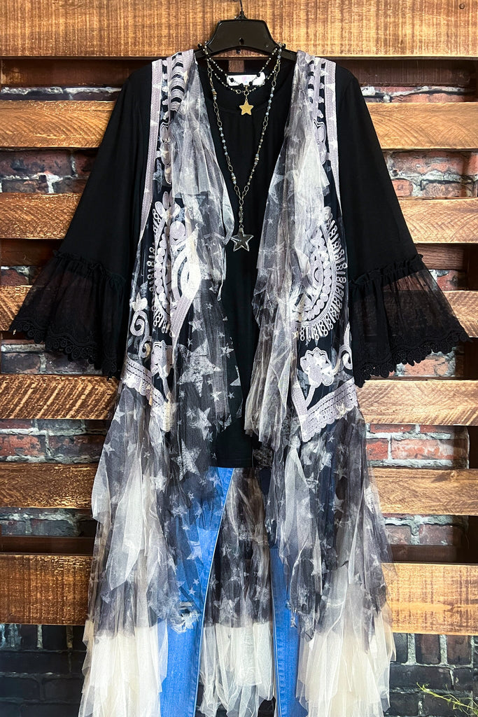 The Sweetest Star Vintage Lace Midi Vest Duster Beige & Black