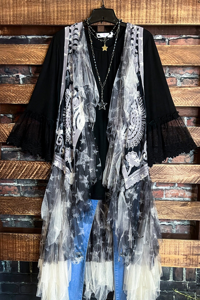 The Sweetest Star Vintage Lace Midi Vest Duster Beige & Black