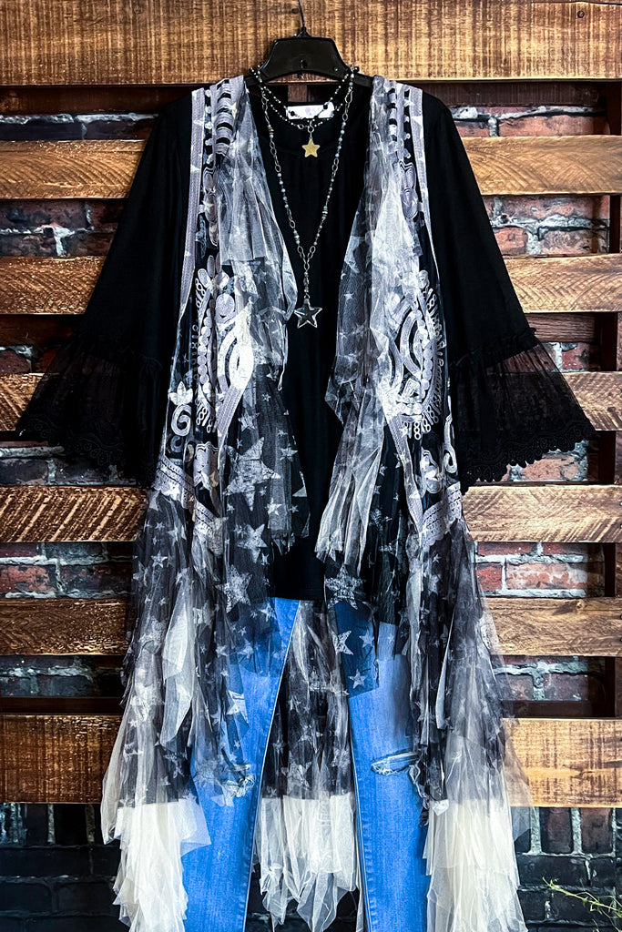 The Sweetest Star Vintage Lace Midi Vest Duster Beige & Black