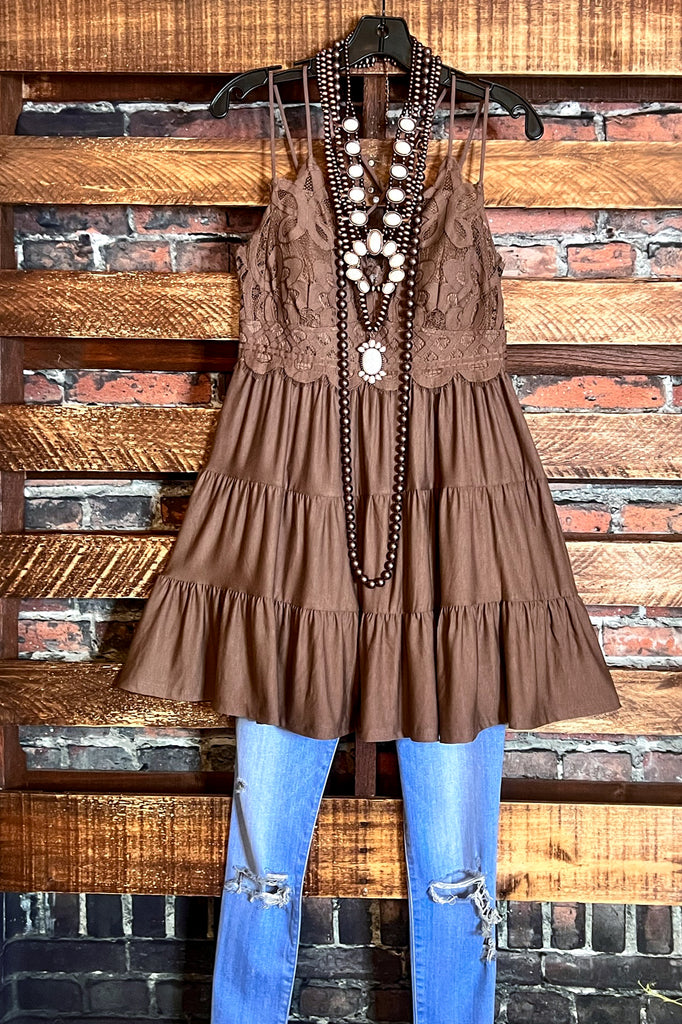 SWEET PASSION LACE BRALETTE TIERED CAMI TOP IN MOCHA