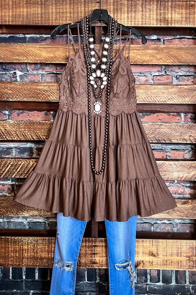 SWEET PASSION LACE BRALETTE TIERED CAMI TOP IN MOCHA