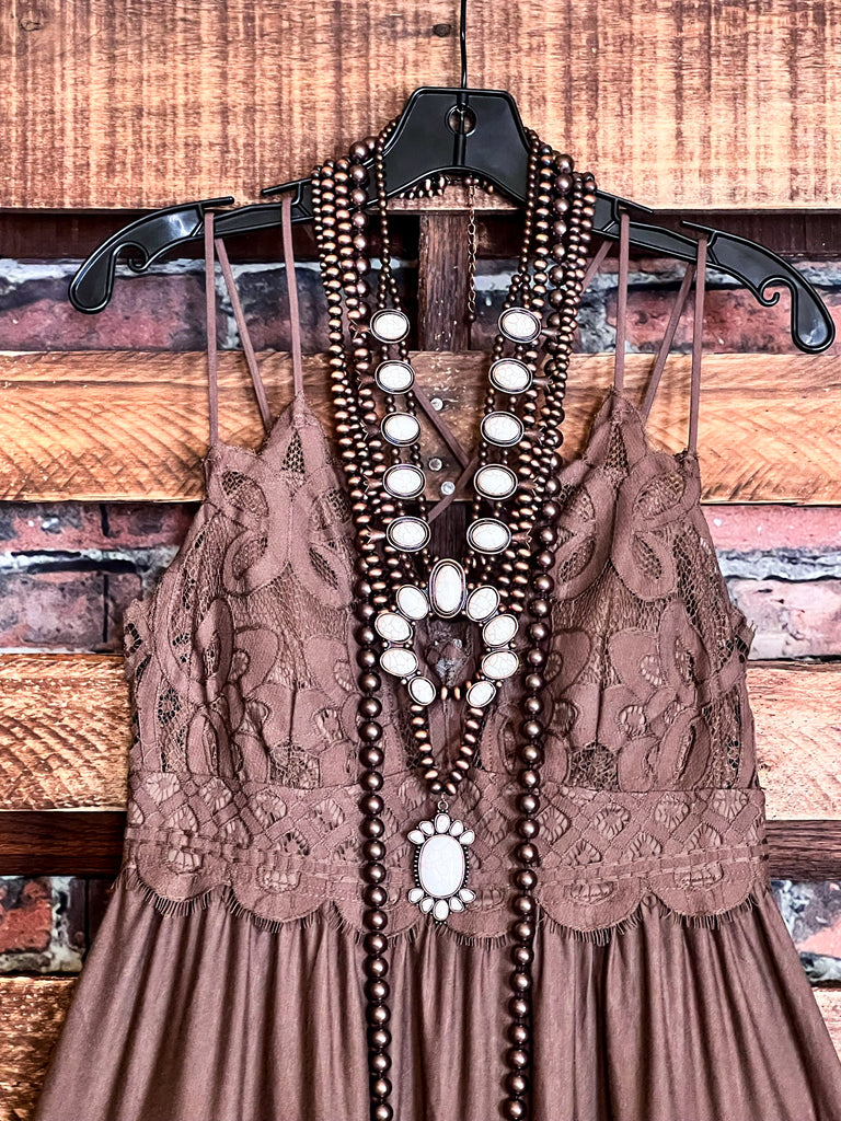 SWEET PASSION LACE BRALETTE TIERED CAMI TOP IN MOCHA