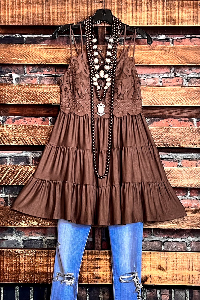 SWEET PASSION LACE BRALETTE TIERED CAMI TOP IN MOCHA