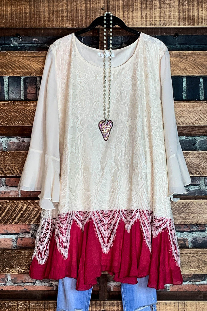 ABSOLUTELY UNFORGETTABLE FAB LACE TUNIC IN BEIGE & CRIMSON