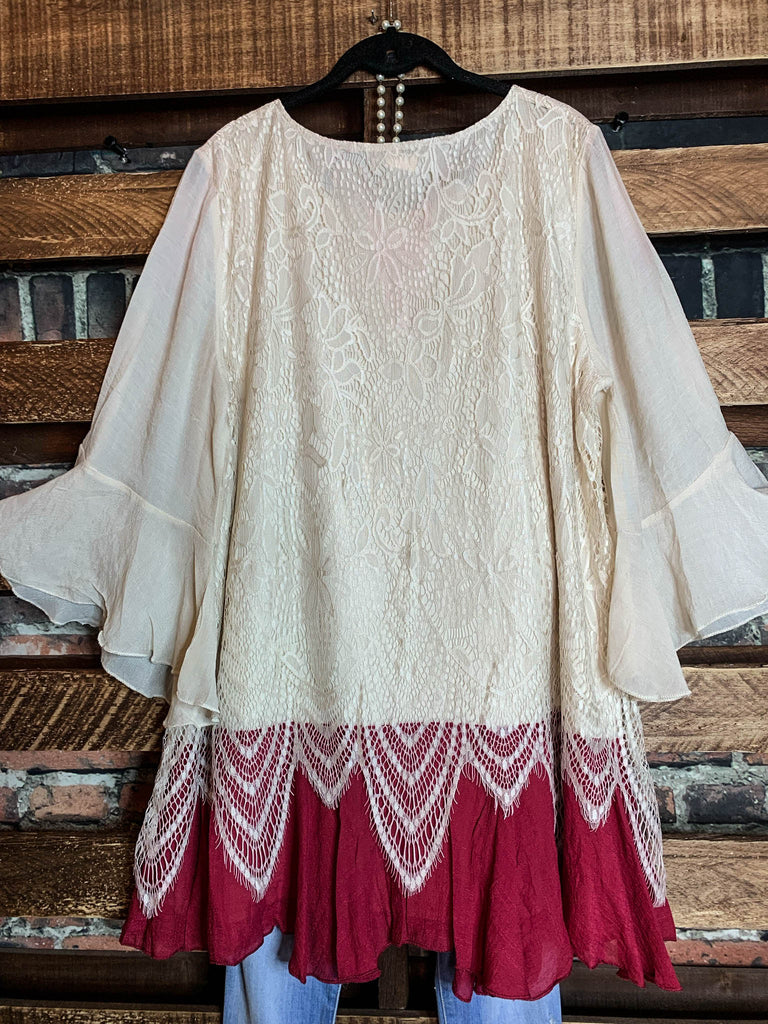 BEAUTY BOUND LACE TOP IN BEIGE & CRIMSON-----------------SALE