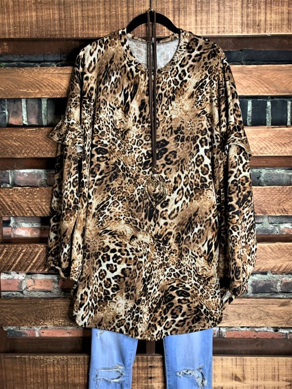 FOR YOUR LOVE ONLY RUFFLE SLEEVE SWEATER TUNIC IN LEOPARD------------sale