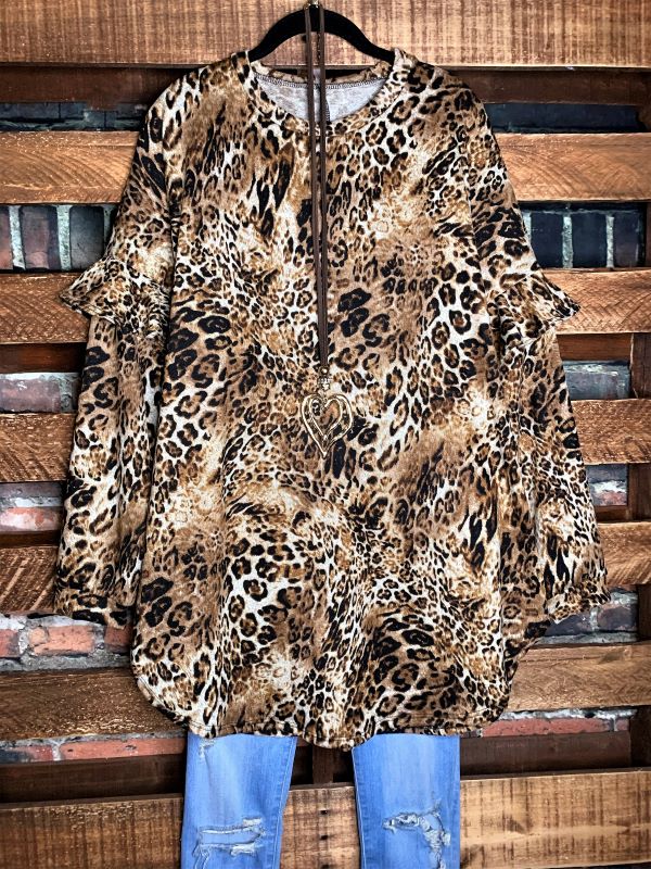 2X - RUFFLE SLEEVE SWEATER TUNIC IN LEOPARD---------SALE