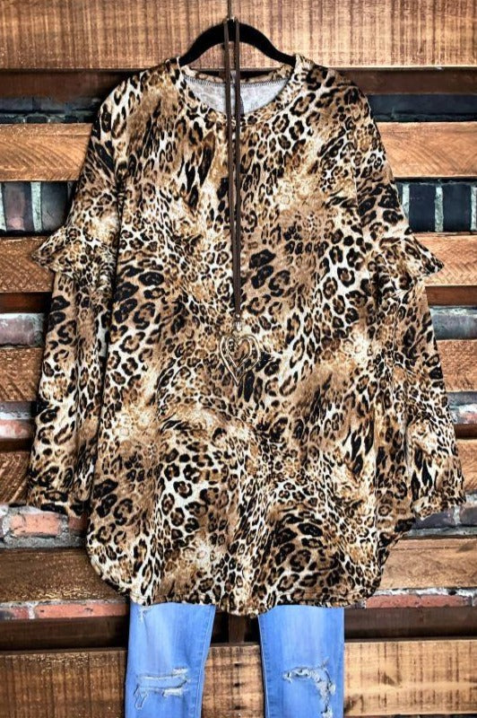 2X - RUFFLE SLEEVE SWEATER TUNIC IN LEOPARD---------SALE