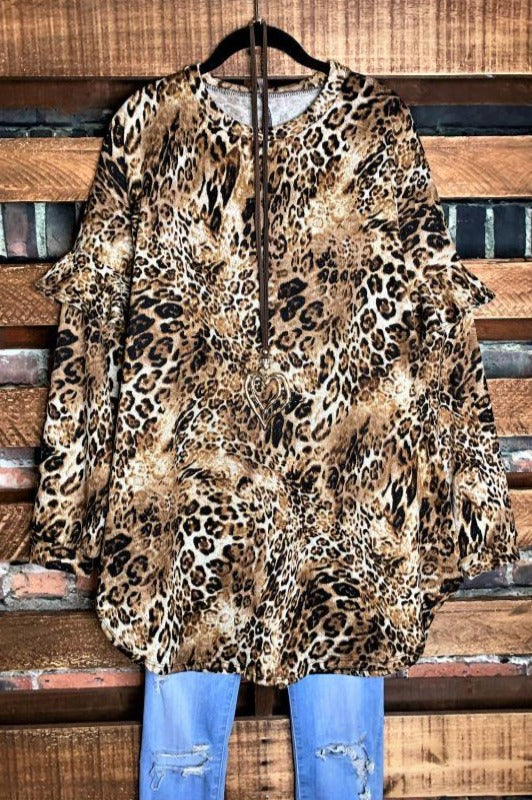FOR YOUR LOVE ONLY RUFFLE SLEEVE SWEATER TUNIC IN LEOPARD------------sale