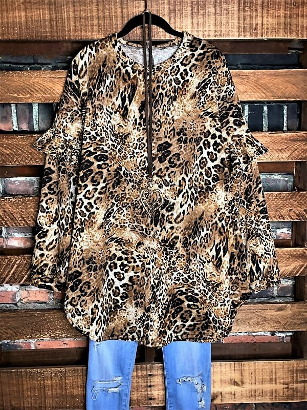 FOR YOUR LOVE ONLY RUFFLE SLEEVE SWEATER TUNIC IN LEOPARD------------sale