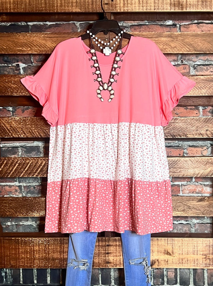 GRACEFUL SIMPLICITY FLORAL BABYDOLL TOP IN CORAL ROSE