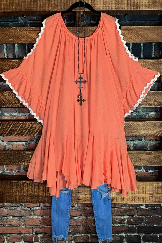 Feeling Free Peasant Oversized Off Shoulder Tunic in Coral Peach-----------SALE