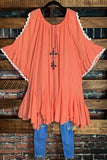 Feeling Free Peasant Oversized Off Shoulder Tunic in Coral Peach-----------SALE