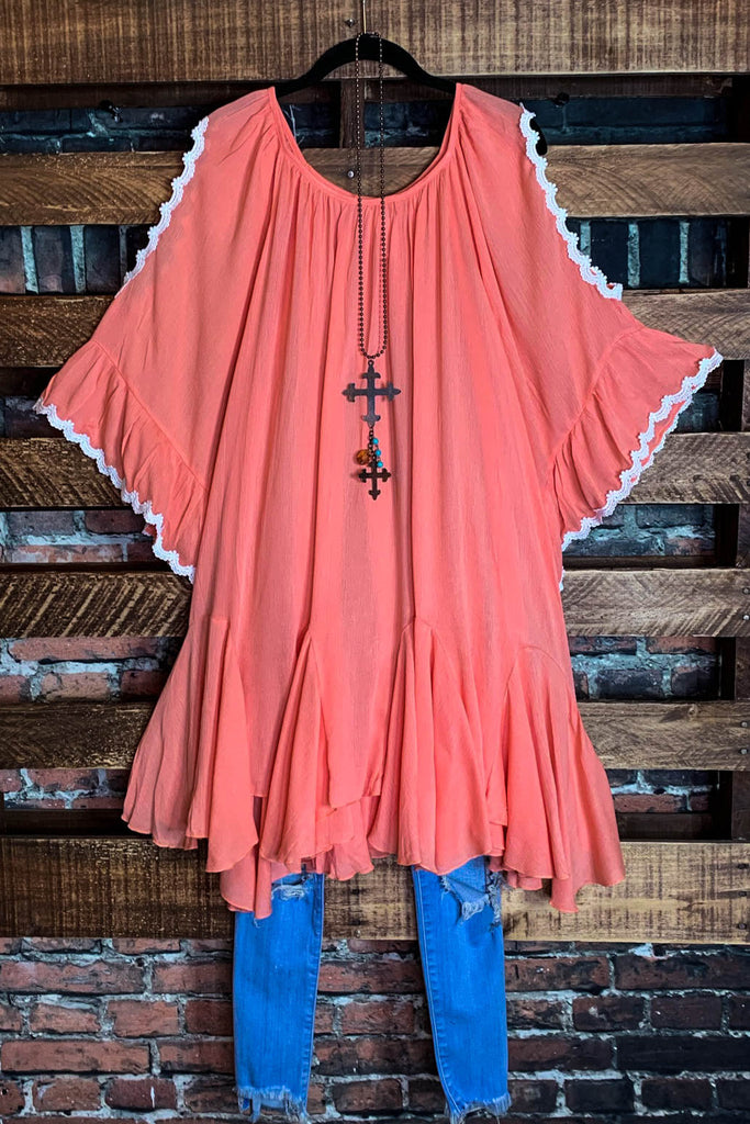 Feeling Free Peasant Oversized Off Shoulder Tunic in Coral Peach-----------SALE