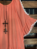 Feeling Free Peasant Oversized Off Shoulder Tunic in Coral Peach-----------SALE