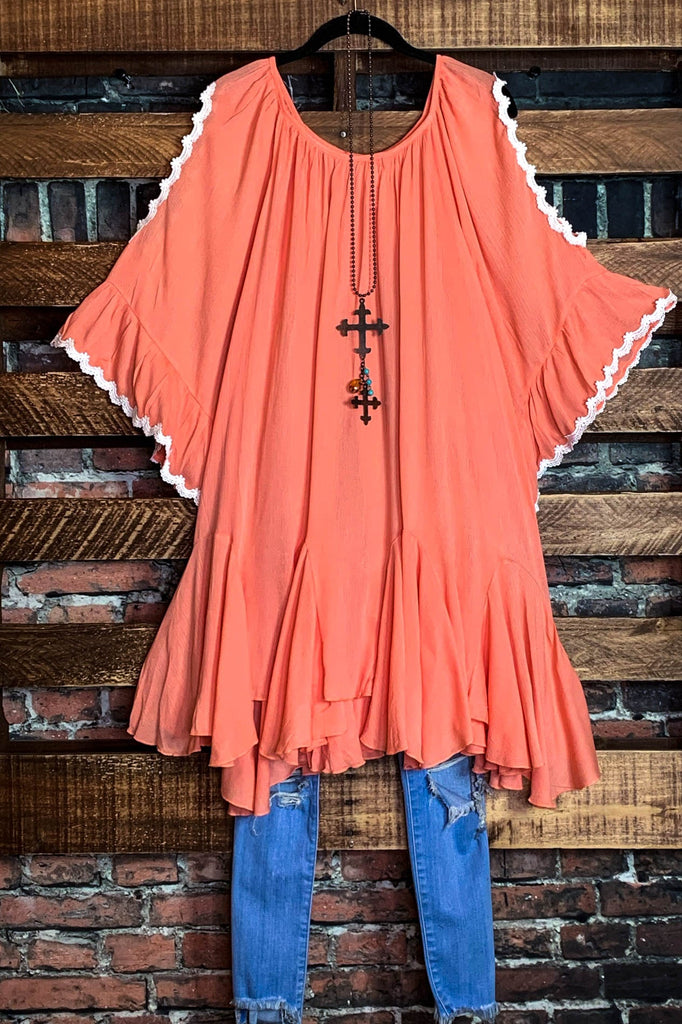 Feeling Free Peasant Oversized Off Shoulder Tunic in Coral Peach-----------SALE