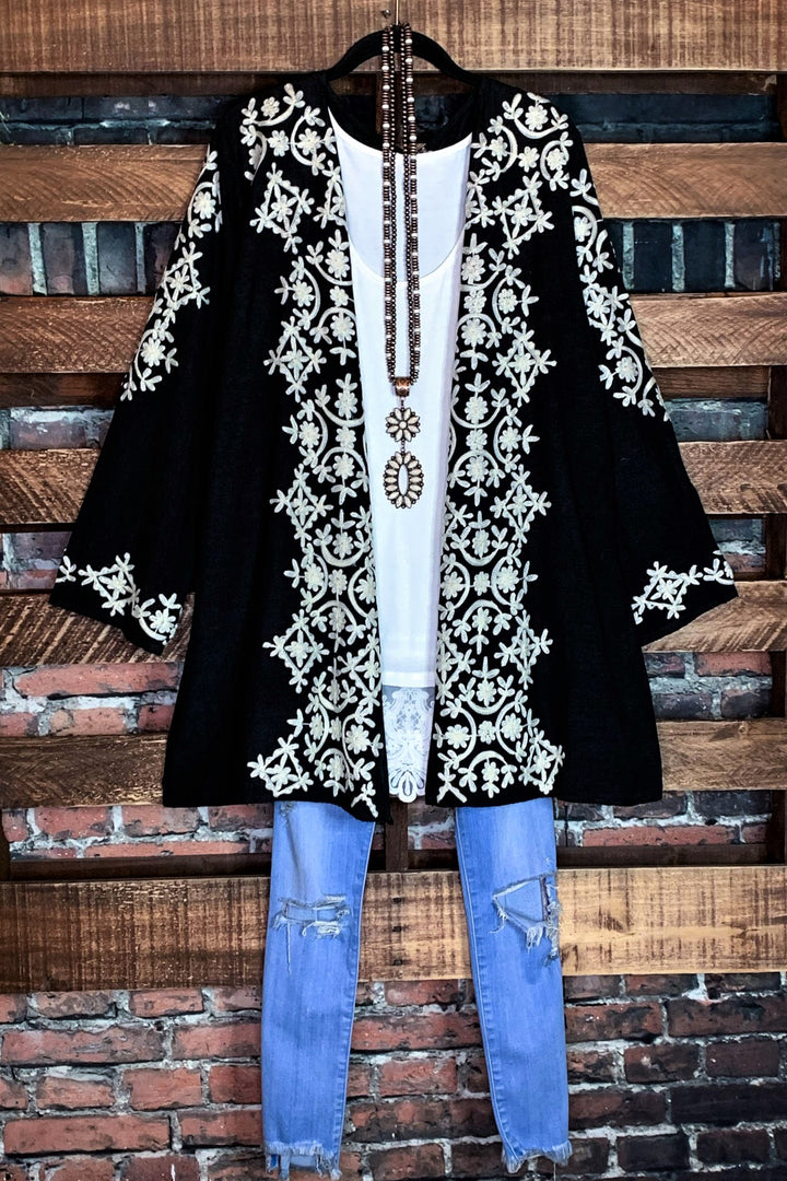 6-10 Size - Love In Bloom Embroidered Kimono in Black--------Sale