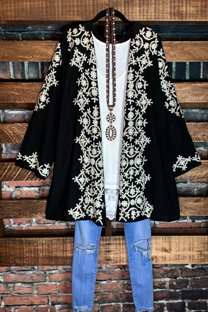6-10 Size - Love In Bloom Embroidered Kimono in Black--------Sale
