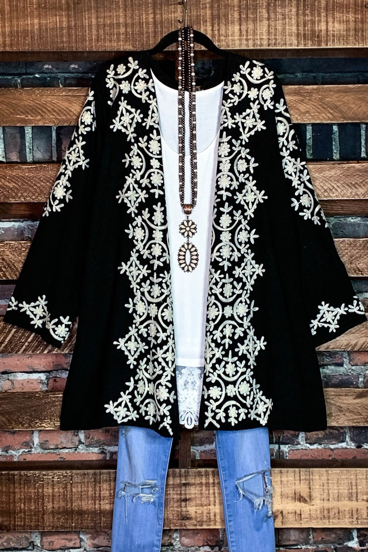 6-10 Size - Love In Bloom Embroidered Kimono in Black--------Sale
