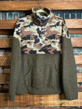 COZY SHERPA POCKETED CAMO SWEATER IN OLIVE------------------sale