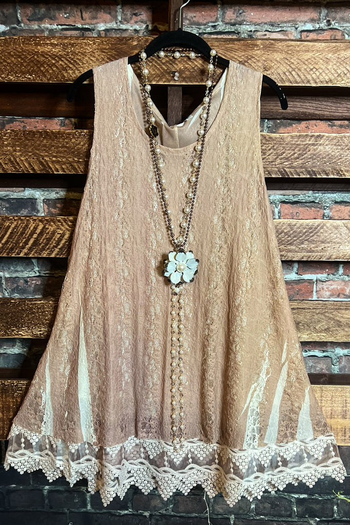 LOST IN LOVE LACE LINED LAYERING SLIP DRESS TOP IN TAUPE