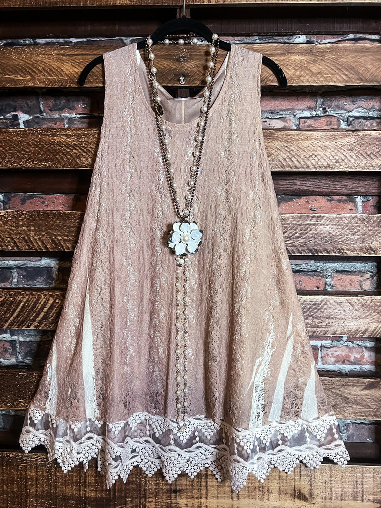LOST IN LOVE LACE LINED LAYERING SLIP DRESS TOP IN TAUPE