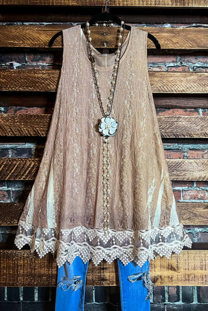 LOST IN LOVE LACE LINED LAYERING SLIP DRESS TOP IN TAUPE